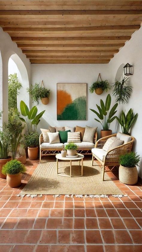 Mediterranean Style Flooring, Outdoor Jute Rug Patio, Colorful Spanish Interior Design, Mexican Terrace, Mexican House Decor, Mediterranean Floor Tile, Mediterranean Rugs, Mediterranean Terrace, Terrace Room