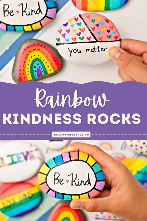 RAINBOW KINDNESS ROCKS – INSPIRATIONAL PAINTED ROCKS Kindness Rainbow Craft, Painted Rock Rainbow, Inspiring Rock Painting, Kindness Rocks Ideas Easy, Back To School Painted Rocks, Easy Painted Rocks For Beginners, Kindness Rocks Ideas, Affirmation Rocks, Rainbow Rock Painting