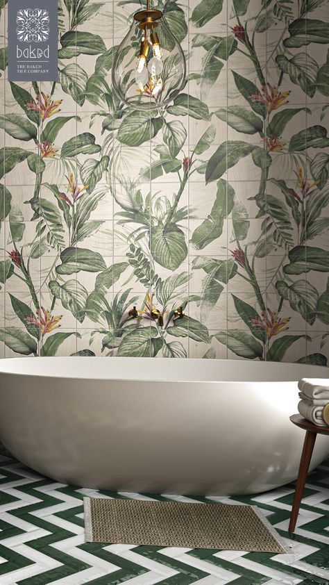 A Grain Leaves Mural, seen within a dreamy bathroom design, and inspired as a result of Baked Tiles' Tile Trends of 2023 blog. Bathroom Printed Tiles, Shower Mural Tile, Mural Tiles In Bathroom, Bathroom Ideas Tiles Colour, Graffiti Tiles Bathroom, Tropical Bathroom Tiles, Tropical Tiles For Bathroom, Abstract Tiles Bathroom, Floral Bathroom Design