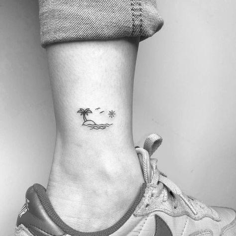 Summer vibes Island Tattoo Minimalist, Palm Tree Island Tattoo, Island In The Sun Tattoo, Small Island Tattoo, Palm Tree And Sun Tattoo, Island Tattoos For Women, Good Vibes Tattoo, Sister Tats, Beachy Tattoos