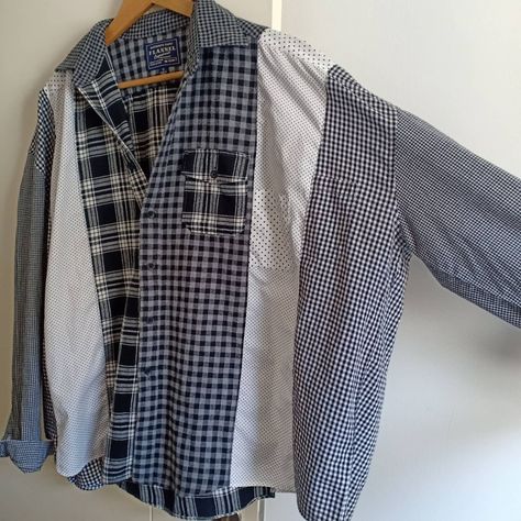 Men’s Upcycled Fashion, Upcycle Dress Shirt, Diy Button Up Shirt Upcycle, Recycled Mens Shirt, Upcycle Dress, Deconstruction Fashion, Reworked Clothes, Tartan Shirt, Upcycle Clothes Diy