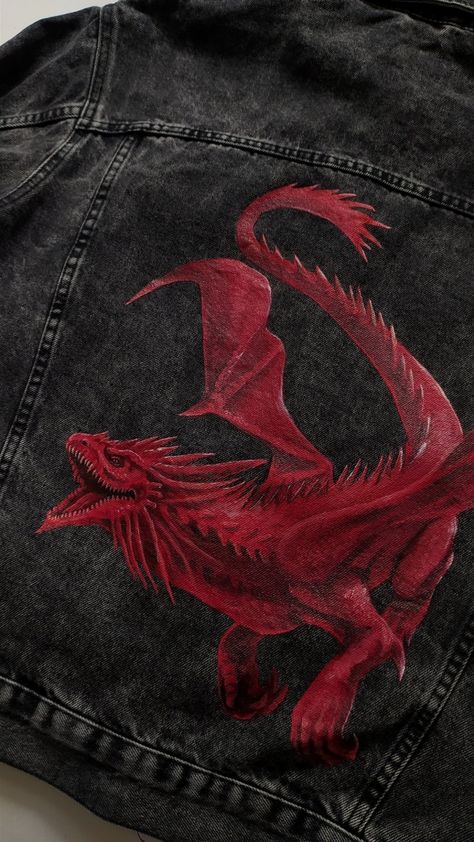 Custom Jacket Paint, Paint On Jacket, The Red Dragon, Painted Clothes Diy, Denim Art, Diy Clothes Design, Concept Clothing, Painted Denim, Shirt Print Design