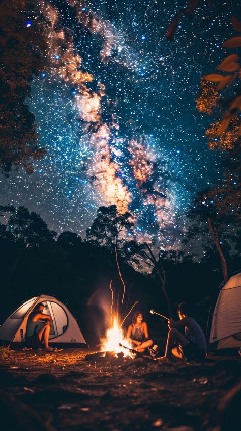 Starry Camping Night: Campers sit by the fire under a glittering starry sky on a peaceful camping night. #stars #camping #campfire #night #milky way #aiart #aiphoto #stockcake ⬇️ Download and 📝 Prompt 👉 https://ayr.app/l/V4jC Campfire Landscape, Drawtober 2024, Sitting Around A Campfire, Campfire Night, Night Camping, Scenery Painting, Night Stars, Scenery Paintings, Book Wallpaper