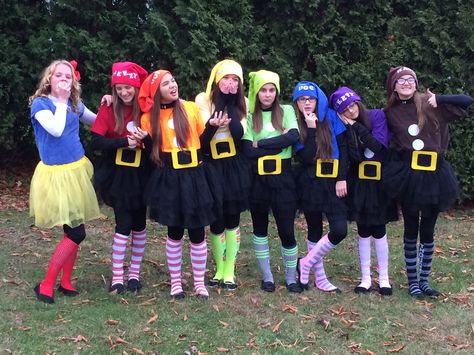 My daughter and her friends wanted to do something fun this year for Halloween - Snow White and the Seven Dwarfs. Seven Drawfs Group Costume, Seven Dwarfs Costume Diy, Snow White And The Seven Dwarfs Costumes, Halloween Costumes For 7, Group Of 8 Halloween Costumes, 7 Drawfs, 7 Dwarfs Costume, Group Halloween Costumes For Work, Dwarfs Costume