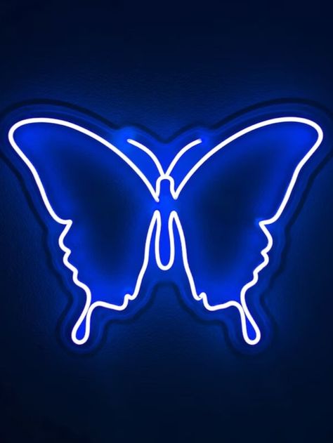 a blue neon sign with a butterfly on it Neon Butterfly Aesthetic, Butterfly Aesthetic Room, Room Decor Butterfly, Bedroom Butterfly, College Rooms, Neon Room Decor, Neon Butterfly, Feather Drawing, Blue Aesthetic Dark