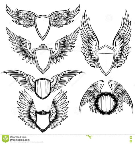 Shield Drawing, Alas Tattoo, Shield Tattoo, Classe Harry Potter, Crown Silhouette, Wing Tattoo Designs, Wings Drawing, Angel Wings Tattoo, Bird Wings