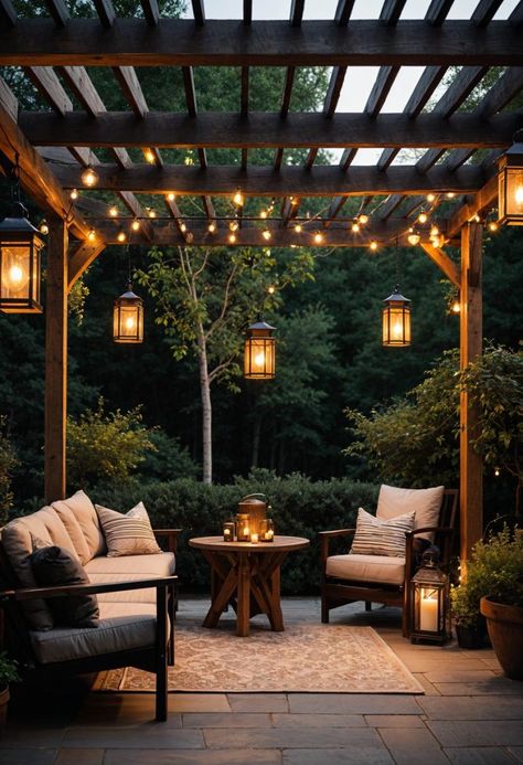 15 Stunning Pergola Patio Ideas You'll Fall In Love With 8 Back Deck Pergola Ideas, Garden Patio Pergola, Lighting Patio Ideas, Pergola And Decking Ideas, Pergola Base Ideas, Pergola On Terrace, Dream Outdoor Living Space, Free Standing Pergola Ideas Backyard, Pergola With Lights