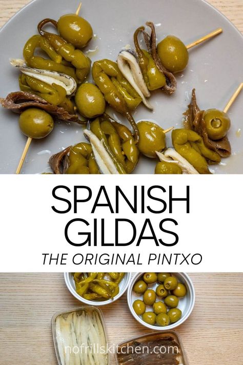 This recipe for Basque-style gildas is easy to execute and makes for the perfect appetiser or aperitivo for any occasion! Spanish Starters Appetizers, Anchovies Recipes Appetizers, Anchovy Canape, Tapas Style Food, Fresh Anchovies Recipes, Basque Dinner Recipes, Anchovy Tapas, Pinxtos Spanish, Anchovy Appetizer