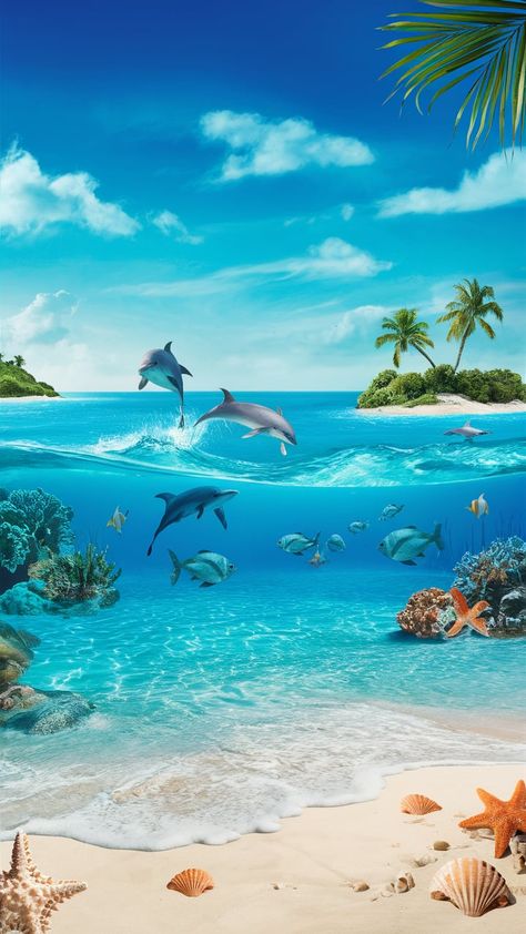 Immerse yourself in the beauty of a tranquil turquoise sea under a cloudless azure sky with our vibrant ocean wallpaper. Gentle waves lap at a white sandy shoreline adorned with scattered seashells and starfish, while colorful coral formations and a school of tropical fish grace the clear waters. Watch playful dolphins jump out of the water in the mid-ground, set against a backdrop of a scenic island with lush greenery and swaying palm trees. Let this serene and inviting scene bring the beauty of a pristine tropical paradise to your screen. Live Sea Wallpaper, Under The Sea Wallpaper, Dolphin Wallpaper, Under The Sea Background, Sea Life Wallpaper, Summer Beach Wallpaper, Island Wallpaper, Dolphin Art, Ocean Backgrounds