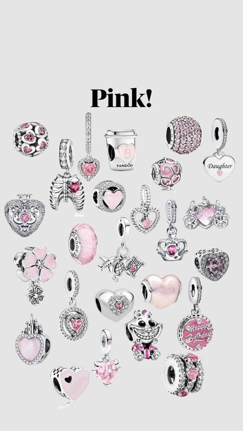 Pandora Bracelet Charms Ideas Pink, Pandora Pink Charms, Pandora Charms Aesthetic, Pink Pandora Charms, Pandora Bracelet Aesthetic, Pink Pandora Bracelet, Pandora Bracelet Ideas, Pandora Charms Pink, Pink Charms