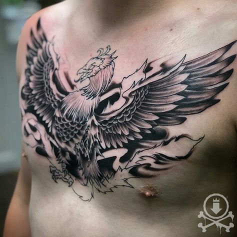 Phoenix Chest Tattoo Men, Phoenix Chest Tattoo, Crow Tattoo, Men Chest, Chest Tattoo Men, Phoenix Tattoo, American Traditional, Chest Tattoo, Tattoo Idea