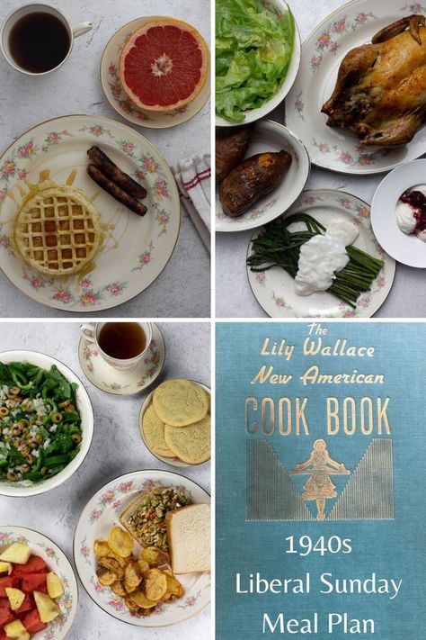 1940s liberal sunday meal plan recipe 1940s Dinner Recipes, 1950s Meal Plan, 1940s Breakfast, Roast Chicken With Stuffing, Vintage Meals, 1940s Recipes, Historical Cooking, Make Waffles, Homemade Potato Chips