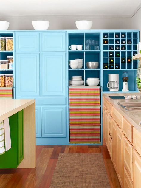 Tasty Turquoise Kitchens Mismatched Kitchen Cabinets, Mismatched Cabinets, Mismatched Kitchen, Blue Cabinetry, Budget Kitchen Makeover, Turquoise Kitchen, Budget Kitchen, Kitchen Cabinet Colors, Blue Kitchens