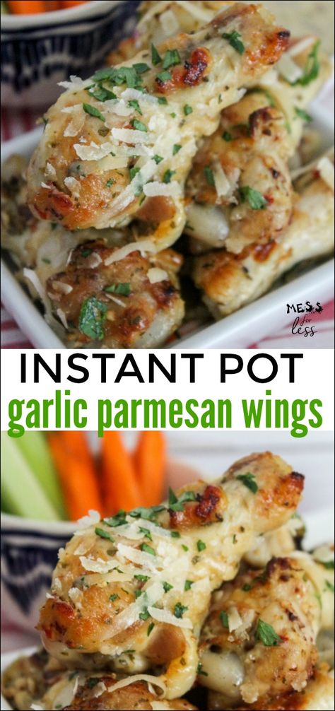 These Garlic Parmesan Wings in the Instant Pot will be a hit at your next party or game day. They are super easy to make thanks to a supermarket shortcut! #instantpot #wings #gameday #appetizers Buffalo Wild Wings Garlic Parmesan Pasta Instant Pot, Garlic Parmesan Chicken Pasta Instapot, Bww Parmesan Garlic Chicken Instant Pot, Instant Pot Parmesan Garlic Chicken Pasta- Buffalo Wild Wings Sauce, 40 Clove Garlic Chicken Instant Pot, Parmesan Wings, Chicken Recipes Easy Quick, Quick Chicken Dinner, Garlic Parmesan Wings