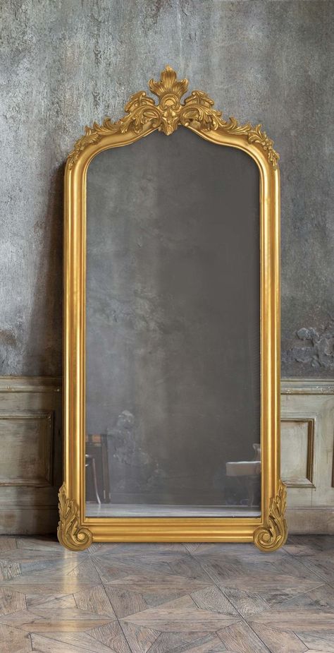 Large Gold Standing Mirror, Big Golden Mirror, Large Gold Floor Mirror, Nice Mirrors, Gold Details Interior, Gold Mirror Living Room, Cermin Aesthetic, Gold Floor Mirror, Large Gold Mirror