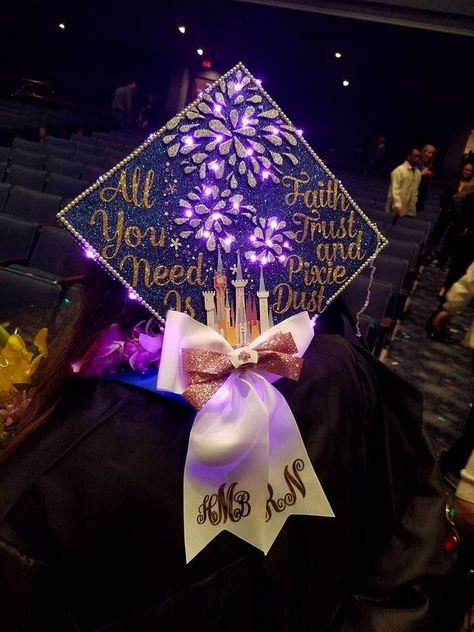 Grad Cap design with lit up fireworks. Peter Pan quote. // follow us @motivation2study for daily inspiration College Caps, Grad Cap Design, Disney Graduation Cap, Creative Graduation Caps, Diy Decoration Ideas, Nurse Graduation Cap, Disney Graduation, College Grad Cap Ideas, Graduation Cap Decoration Diy