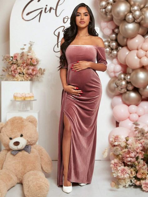 SHEIN Maternity Off Shoulder Split Thigh Velvet Dress | SHEIN USA Velvet Maternity Dress, Short Maternity Dress, Vestidos Para Baby Shower, Latest Maternity Dresses, Maternity Fashion Dresses, Pink Maternity Dress, Shein Maternity, Split Hem Dress, Cute Maternity Outfits