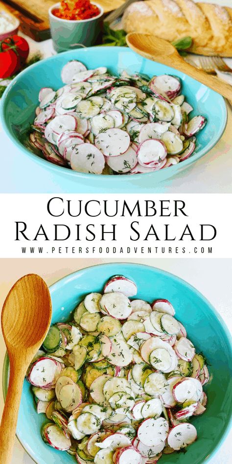 Cucumber Radish Salad, Sour Cream Dressing, Radish Cucumber, Rustic Salad, Creamy Salad, Creamy Salad Dressing, Radish Recipes, Radish Salad, Salad Pasta