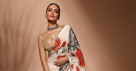 Esha Gupta's Stylish Sarees Esha Gupta, Floral Print Sarees, Rohit Bal, Saree Blouses, Embellished Blouse, Indian Couture, Stylish Sarees, Indian Attire, Designer Sarees