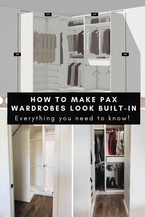 The ultimate IKEA Pax Hack! Learn how to turn pax wardrobes into built ins with this simple tutorial. The video tutorial will take you step by step! Learn how to modify pax wardrobes for a sloped ceiling, and how to add extra storage and filler pieces! How to install molding, crown, and trim over the pax wardrobes. Pax wardrobes ideas, layouts, and budgets for any kids or adult bedroom. Bullnose Corners, Pax Corner Wardrobe, Small Closet Makeover, Ikea Wardrobe Hack, How To Install Baseboards, Ikea Pax Hack, Wardrobe Hinges, Ikea Vanity, Ikea Pax Closet