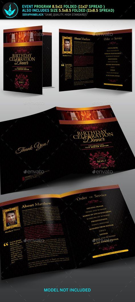 Royal Birthday Celebration Event Program Template Informational Brochure Template by SeraphimBlack. Program Of Events Design, Birthday Programme Sample, Event Program Design, Harlem Nights Theme Party, Voucher Sample, Informational Brochure, Harlem Nights Theme, Event Poster Design Inspiration, 60th Bday