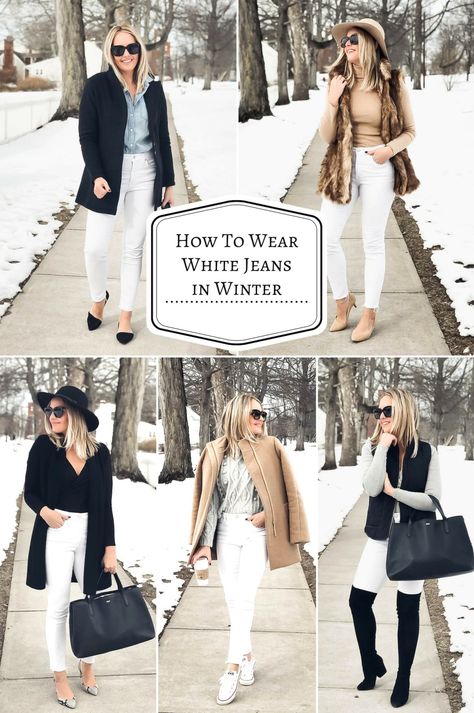 How To Wear White Jeans In Winter White Pants In Winter, White Pants Outfit Winter, White Jeans Outfit Winter, White Jeans Fall, White Jeans In Winter, White Pants Winter, How To Wear White Jeans, Winter White Outfit, White Jeans Winter