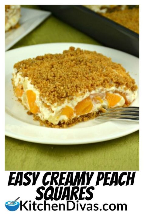 Easy Creamy Peach Squares are so easy to prepare and the perfect, layered, summer, no bake dessert, with a little peach in every bite! #kitchendivas #easypeach #bestpeach #peachdessert #nobake via @2kitchendivas Pillsbury Peach Cobbler Recipe, Peach Squares, Peach Cobbler Crust, Dessert With Cream Cheese, Peach Jalapeno Jam, Baked Peach, Homemade Snickers, Peach Cobbler Easy, Square Recipes