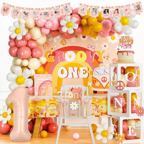 PRICES MAY VARY. 【GROOVY BRIGHT 1ST BIG DAY】🌼 Celebrate this wonderful day with a trendy and cute party! Orange and pink, with lovely daisy create a warm atmosphere. This boho decoration is perfect for your little one's first birthday party and a fun way to make a difference for everyone involved! 【GROOVY ONE BIRTHDAY DECORATIONS SET】🌞 80 x 12’’ latex balloons, 40 x 5’’ latex balloons, 7 x foil balloons, 9 x cutouts, 1 x backdrop, 1 x tablecloth, 2 x banners, 1 x cake topper, 3 x balloon boxes First Birthday Ideas For A Girl, August Birthday Theme, Theme For 1st Birthday Girl, Groovy First Birthday Girl, First Birthday Girl Themes, Groovy First Birthday, Groovy One First Birthday, Backdrop Balloon Garland, Groovy One Birthday