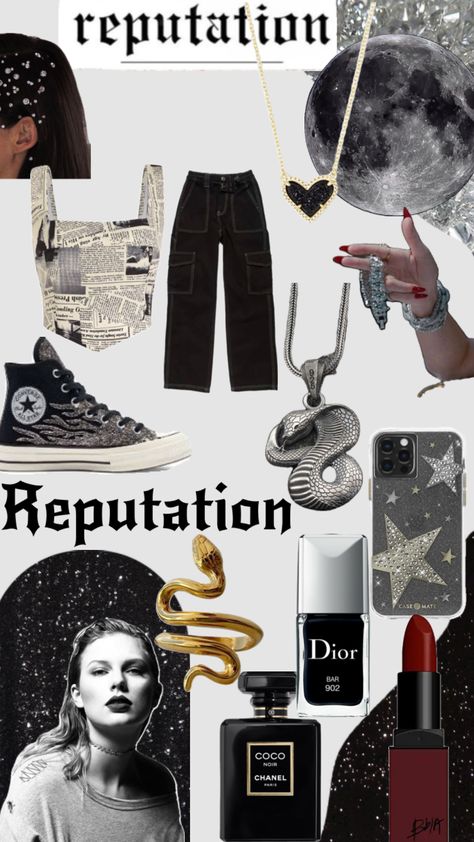 Reputation #beauty #outfitinspo #taylorswift #reputation ￼ Reputation Gift Ideas, Eras Tour Outfit Ideas Reputation, Reputation Makeup, Eras Outfit, Eras Outfits, Swift Party, Concert Hairstyles, Reputation Era, Taylor Swift Party