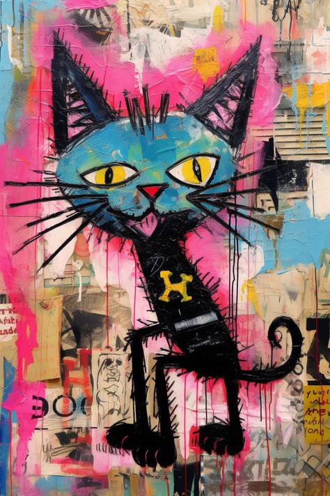 The composition features an array of vivid colors, including pink, yellow, white, blue, beige, black, and gray. Our abstract cat painting is a true masterpiece that evokes emotions and sparks imagination. It combines various artistic styles, from drawing and painting to street art, creating a visually compelling piece that seamlessly blends contemporary art with traditional illustrative methods. #GiveMeMood #Whimsical #CatPortrait #AbstractArt #Acrylic #Painting #BlackCat #VibrantColors Funny Cat Wallpaper, Picasso Style, Funny Wallpaper, Cat Colors, Cat Wallpaper, Cat Painting, Street Artists, Cat Face, Pablo Picasso