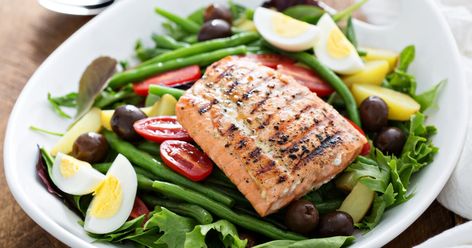 Salmon Nicoise Salad, Avocado Yogurt, Salad Nicoise, Grilled Salmon Salad, Nicoise Salad Recipe, Yogurt Ranch, Grilled Recipes, Salmon Salad Recipes, Mediterranean Diet Meal Plan