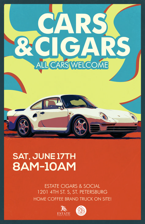 Event poster design. Cars, cigars. Illustrated poster for event. Graphic design and art. #posterdesign #posterart #cars #carsposter Car Show Poster Design, Car Festival Poster, Graphic Design Posters Event, Car Event Poster, Vintage Car Poster Design, Car Poster Design Graphics, Car Flyer Design, Posters For Events, Car Show Poster