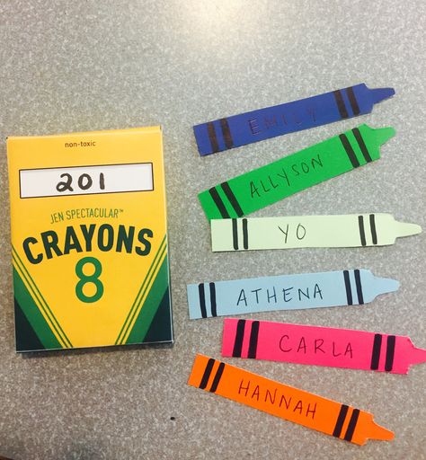 RA Door Decs... Crayons with box. I printed a template for the boxes online and folded them, super easy! Easy and cute #RA #backtoschool #doordecs #crayons #college Ra In And Out Board, Door Decs Dorm, Ra Door Tags Creative, Residence Life Door Decs, Door Tags College, Dorm Door Signs Names, College Dorm Name Tags, Dorm Tags Ra Door Decs, College Dorm Door Decorations Name Tags