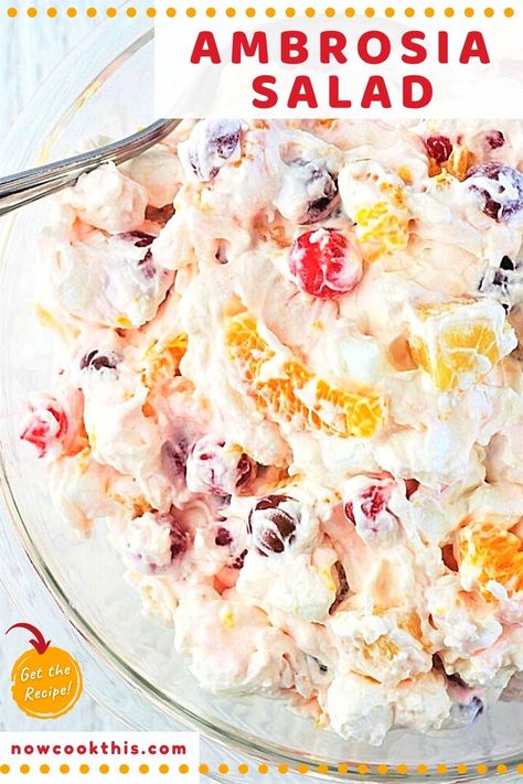 Ambrosia salad is a classic side dish or dessert that's always a hit. It's quick, easy, and made with pineapple, mandarin oranges, grapes, maraschino cherries, coconut, mini marshmallows, whipped cream (homemade or Cool Whip) and sour cream. Get the recipe and try it! Whipped Cream Homemade, Thanksgiving Fruit Salad, Bienenstich Recipe, Ambrosia Recipe, Thanksgiving Fruit, Ambrosia Fruit Salad, Easy Salad Dressing Recipes, Deserts Easy, Recipes With Whipping Cream