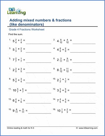 Grade 4 fractions worksheets on adding mixed numbers & fractions (like denominators). Free math worksheets from K5 Learning's online reading and math program. Fractions Worksheets Grade 4, Mixed Fractions Worksheets, Grade 5 Math Worksheets, Mixed Fractions, Add And Subtract Fractions, Numbers Worksheet, Grade 6 Math, Improper Fractions, Whole Numbers