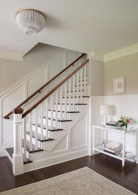 Inspiration: Master Bedroom Renovation BEGINS! - Kelly in the City Farmhouse Staircase Decor, Farmhouse Staircase, White Staircase, Wall Detail, Benjamin Moore Gray, Board And Batten Wall, Staircase Remodel, Staircase Wall, Staircase Decor