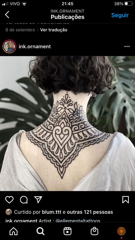 Ornamental Nape Tattoo, Ornamental Ankle Tattoo Design, Ornamental Upper Back Tattoo, Ornamental Backpiece Tattoo, Upper Back Mandala Tattoo, Ornamental Back Tattoo Design, Armpit Tattoo Women, Ornamental Tattoo Back, Ornamental Back Piece