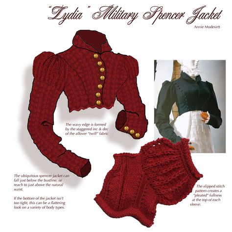 Annie Modesitt's Military Spencer.  Read this article - go, now.  All about the for-submission design process. Steampunk Knitting Patterns, Spencer Jacket Pattern, Red Knitted Dress, Steampunk Knitting, Fantasy Knitting, Anatomy Of The Hand, Victorian Crochet Patterns, Knit Costume, Historical Knitting