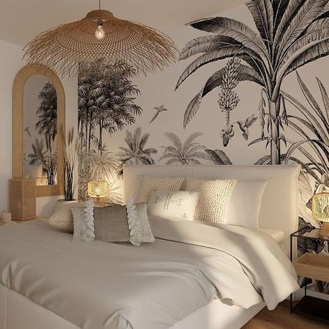 Wall Decor Design Ideas, Tropical Bedroom Decor, Tropical Interior Design, Tropical Bedrooms, Retro Revival, Home Decor Living Room, Home Decorating Ideas, Wallpaper Bedroom, Decor Living Room