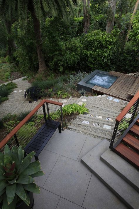 Backyard Pool And Hot Tub Landscaping, Hot Tub On Hillside, Landscaping A Steep Hill, Hillside Hot Tub, Hot Tub Built Into Hillside, Hot Tub On Wood Deck, Greenhouse Under Deck, Hillside Deck, Steep Gardens