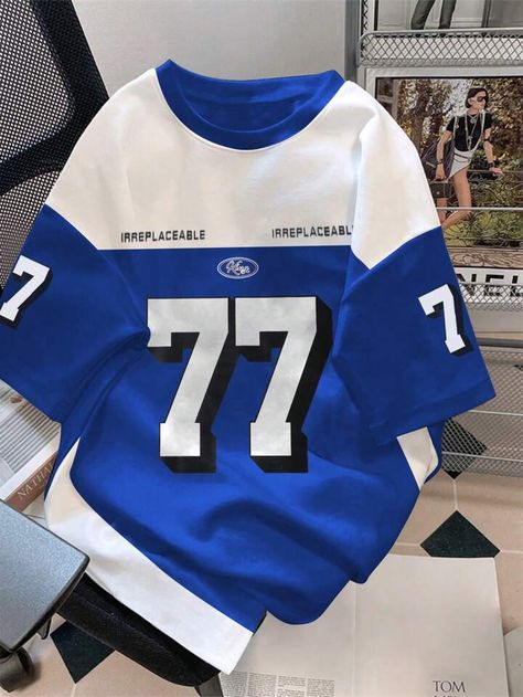 Manfinity Sporsity Men's Color Blocking Letter & Number Print T-Shirt | SHEIN USA Royal Blue Graphic Tee, Blue Clothes Men, Brand Merch, Football Jersey Outfit, Jersey Fashion, Shein Men, Trendy Boy Outfits, Shirt Logo Design, Tee Shirt Fashion