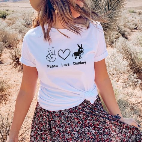 Peace Love Donkey Shirt, Country Girl, Girlfriend Gift, Donkey Tshirt, Donkey Gifts, Wife Gift, Donkey Tee, Farm Animal Shirts Skirts And Tshirts, Free Range Kids, Mustard Seed Faith, Simple Spring Outfits, Stay Wild Moon Child, Wild Moon, Faith Tees, Patriotic Outfit, Cute Graphic Tees