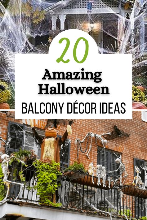 The spooky season is upon us, and it can only mean one thing: Halloween balcony décor! You can have some real fun with Halloween decorations, and balconies give you the chance for extra spooky themes. So, whether you’re going for fall vibes, pure spooky, a classy or elegant approach, or a mix, here are 20 ideas for apartment balcony Halloween decorations. Halloween Deck Decorating Ideas, Halloween Balcony Decoration Ideas, Halloween Decorations Outdoor Balcony, Skeletons On Balcony, Balcony Autumn Decor, Halloween Decorations For Apartments Balcony, Halloween Railing Decor Outdoor, Apartment Patio Halloween Decorating Ideas, Apartment Patio Halloween Ideas