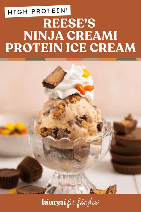 Satisfy your summer sweet tooth with this Reese's Ninja Creami Protein Ice Cream! This healthy treat has the best creamy texture, is full peanut butter flavor and has 38 grams of protein per pint. Creami Protein Ice Cream, Peanut Butter Ice Cream Recipe, Reeses Ice Cream, Ninja Ice Cream Recipe, Protein Ice Cream Recipe, Protein Ice Cream Recipes, Healthy Ice Cream Recipes, Ice Cream Maker Recipes, Peanut Butter Ice Cream