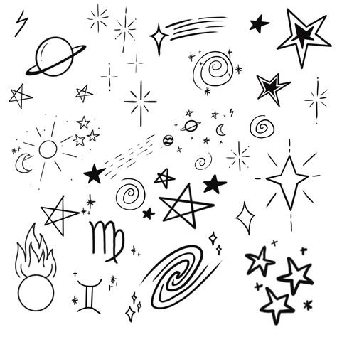 Astrology Doodles Simple, Star Planet Tattoo, Little Easy Doodles, Cute Stars Drawing, Astronomy Doodles, Star Doodles Aesthetic, Planet Doodles, Funky Tattoo Ideas, Doodle Symbols