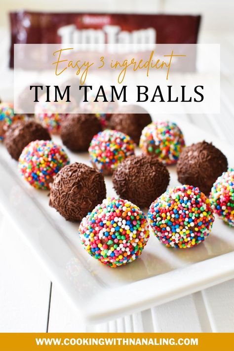 Tim Tam Balls sitting on tray with packet of Tim Tams in background. Tim Tam Slice, Xmas Slices, Dessert Ball Recipes, Small Sweet Treats, Passionfruit Slice, Christmas Biscuits Recipe, Amazing Christmas Desserts, Christmas Smells, Sweet Balls