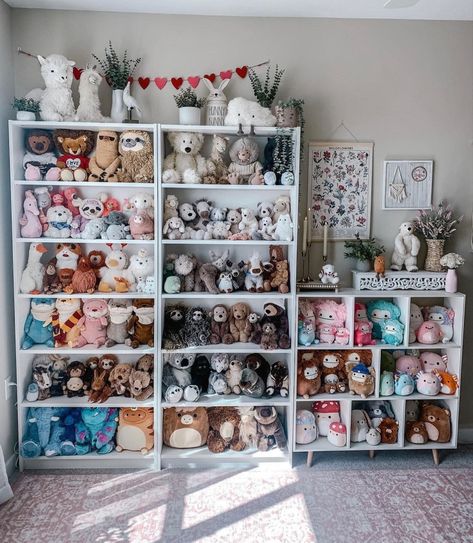 Decorating With Stuffed Animals, Plushie Shelf Ideas, Stuffed Animal Book Shelf, Stuffed Animals On Shelves, Cute Ways To Display Stuffed Animals, Stuffed Animal Display Ideas Bedroom, Toy Collector Room Ideas, Squishmallows Shelves, Squishmallow Shelf Display