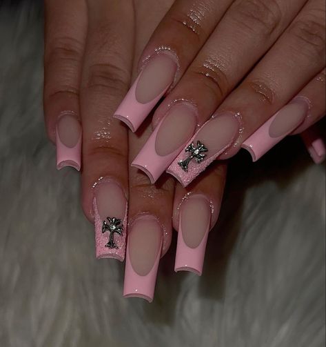 Nail Acrylics With Gems, Cute Basic Nails Acrylic Coffin Medium, Bling Nails With Initials, R Nails Designs, Pink Nails With Cross Charm, Pink French Tip Nails With Gems, Pink French Tip With Gems, Pink Nails With Cross, Simple White French Tip Nails