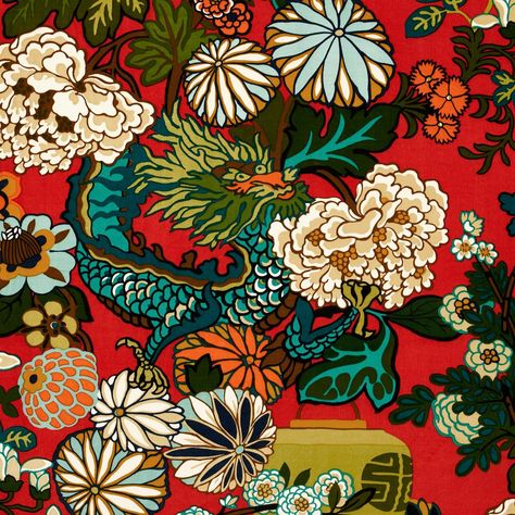 Chiang Mai Dragon Velvet - Lacquer Fabrics | Schumacher Schumacher Chiang Mai Dragon, Chiang Mai Dragon, Chinoiserie Motifs, Art Deco Print, Hospitality Projects, Velvet Trim, Chiang Mai, Cotton Velvet, Velvet Fabric