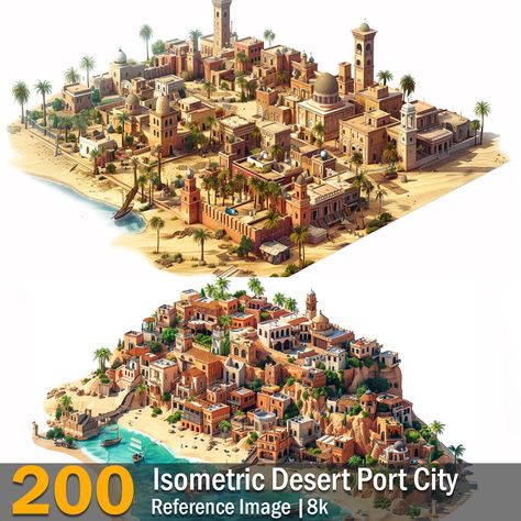 Isometric Desert Port City | Reference Images | 8K,  on ArtStation at https://www.artstation.com/artwork/BXAO4r South American House, Ancient Egyptian House, Old House Facade, Isometric Beach, Egyptian House, Abandoned Beach, City Reference, Wedding Ring Images, Fantasy Buildings